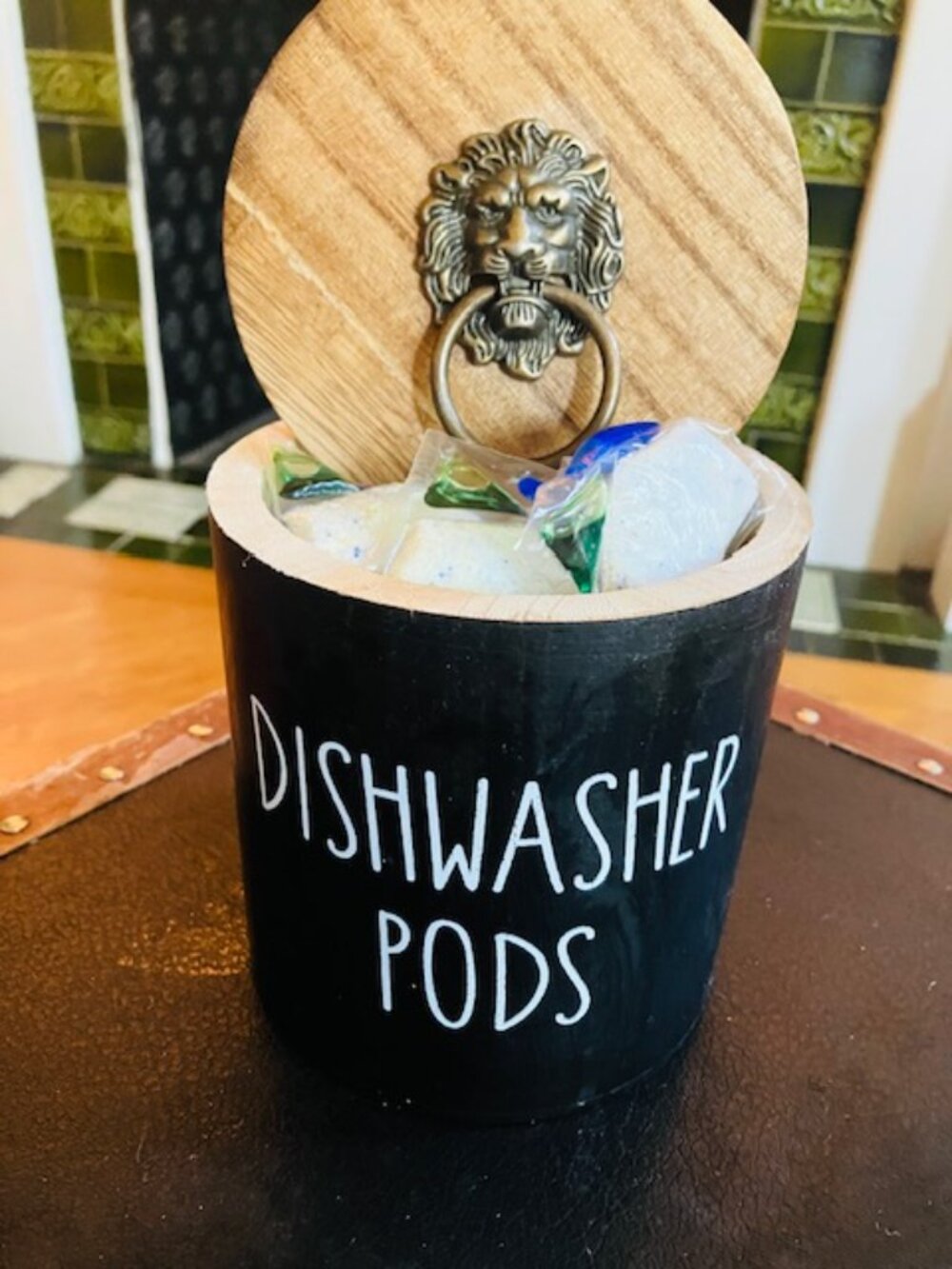 Rae Dunne Inspired Custom Solid Wood Lions Head Dishwasher Pods Holder 5"x 5"